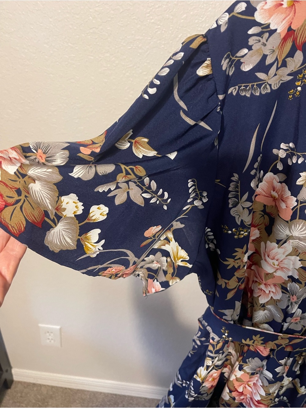 Navy Floral Maxi Wrap Dress with Pink & Cream Blooms - Picture 6 of 7
